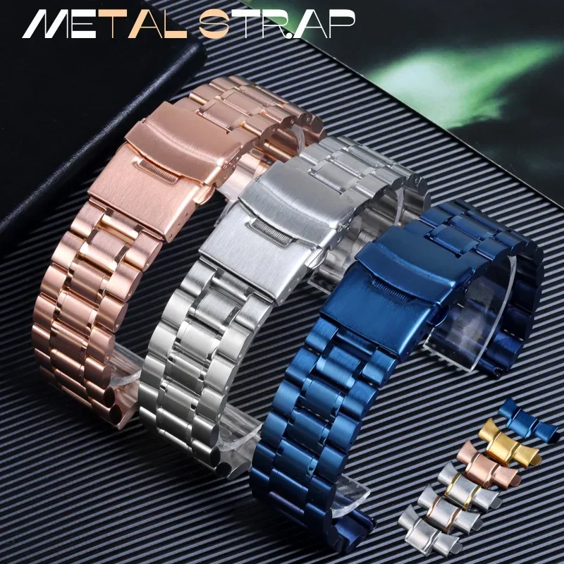 Stainless Steel Watch Strap 18mm 20mm 22mm 24mm Curved End Watch Band with Insurance Folding Buckle Metal Bracelet Accessories