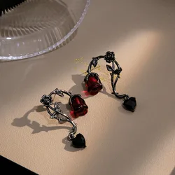 Vintage Red Zircon Thorn Rose Flower Dangle Earrings For Women Girls Fashion Metal Crystal Heart Flower Earring Jewelry Gift