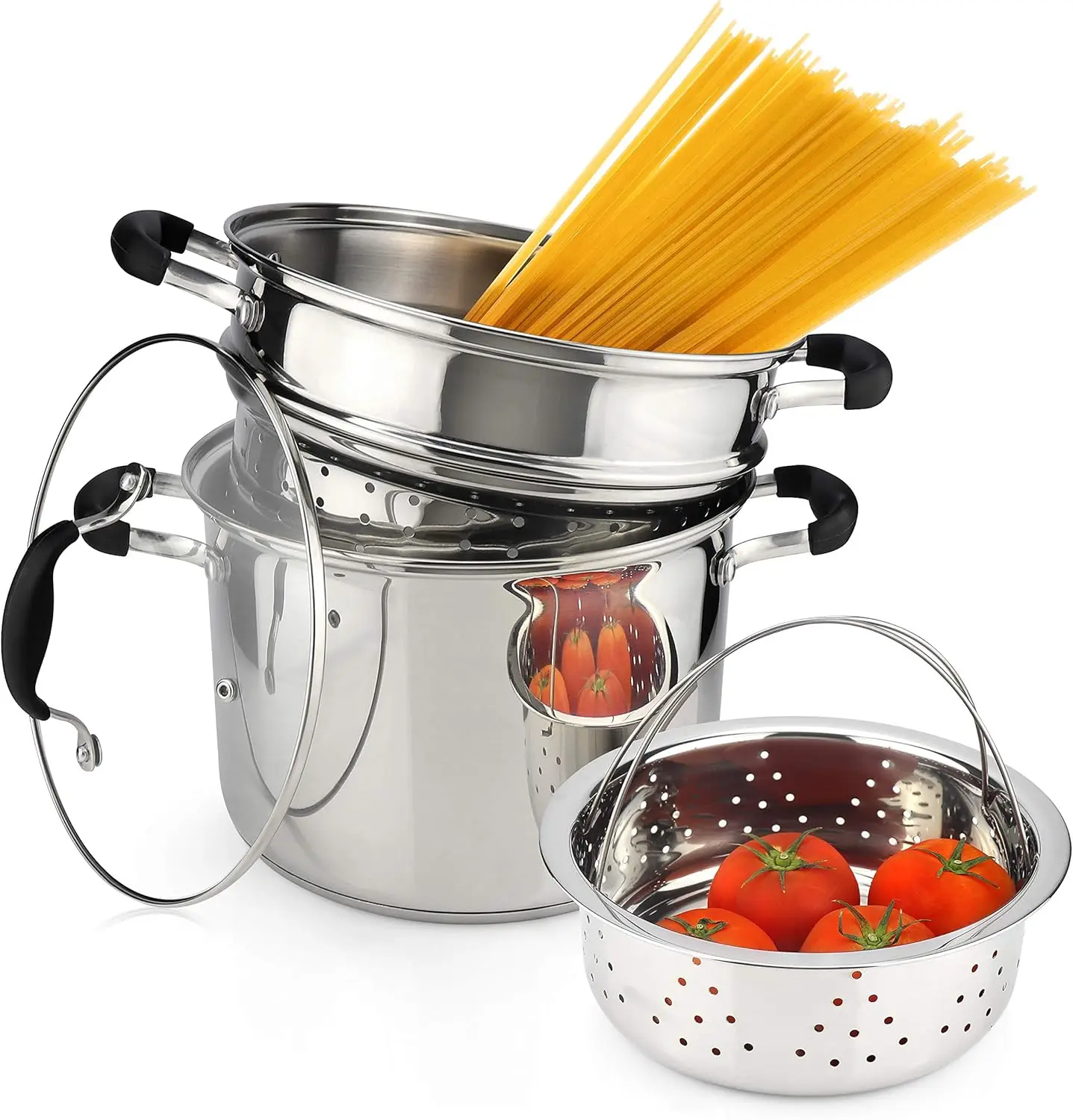 

4-Piece Stainless Steel Pasta Pot Set with Strainer, Steamer Basket & Glass Lid - 7 Quart