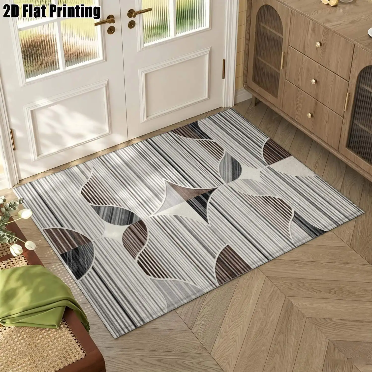 1Pc 2D Printed Gray-Brown Geometric Stripe Nordic Modern Minimalist Instagram Carpet, Machine Washable, Multi-Size Home Decor Floor Mat for Living Room, Bedroom, Dining Room, Entrance, Study