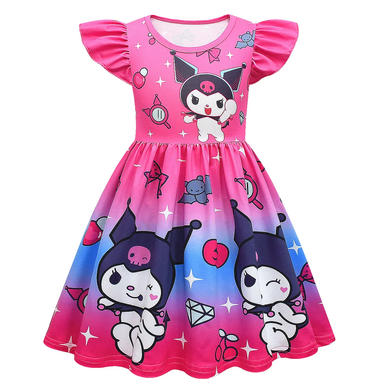 Girls Cute Kuromi Dress Casual Cartoon Birthday Party Gift Clothing Kawaii Kids Girls Summer Flutter Sleeve Milksilk Dresses