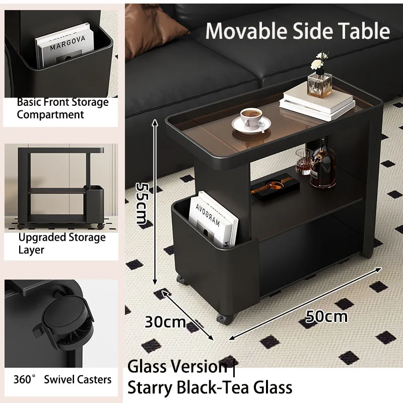 Movable Side Table with 360° Lockable Casters 4 Tier Storage Rolling End Table for Living Room Bedroom Rolling Side Table