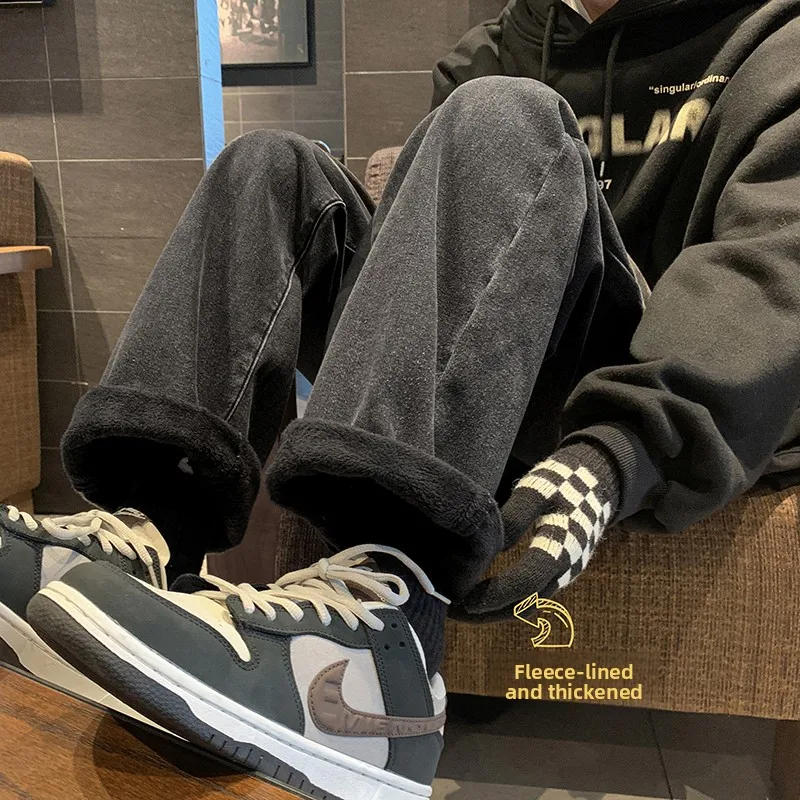 

Thiened Fce Lined Men's Winter Denim Jeans American Retro Straight Leg High Street Vibe Long Trousers Youth Faion