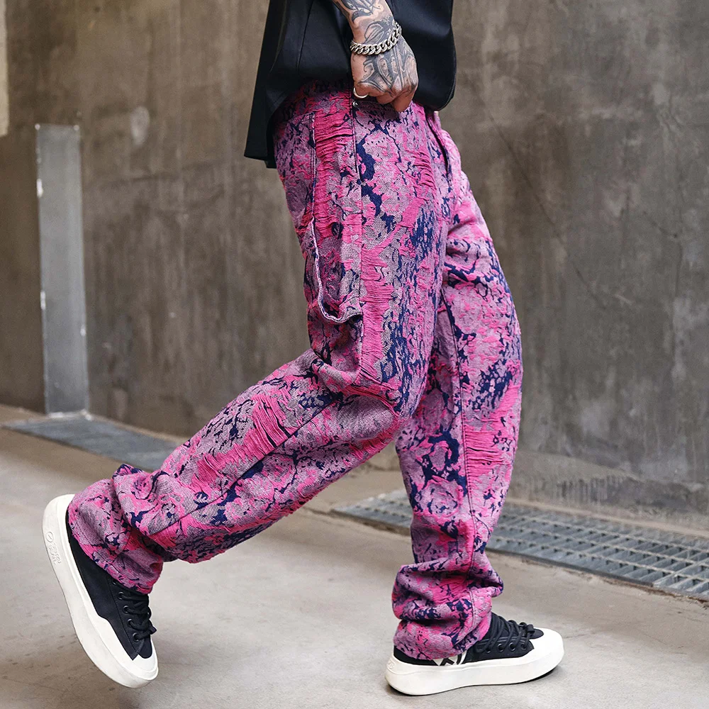 Men Jacquard Weave Denim Jeans Loose Wide Leg Pants Streetwear Hip Hop Purple Red Ripped Pattern Trousers