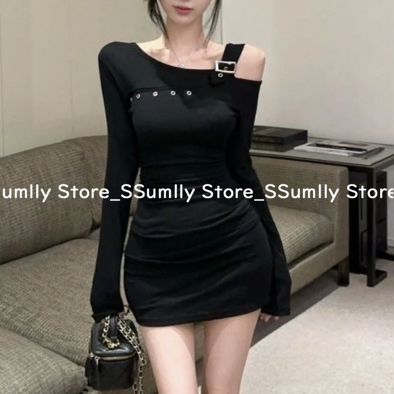 Chic Pleated Slanted Shoulder Hip Dress Female Hottie Dark Slim Waist Cut Out Long Sleeve Dresses Y2k Black Casual Clothes 2025