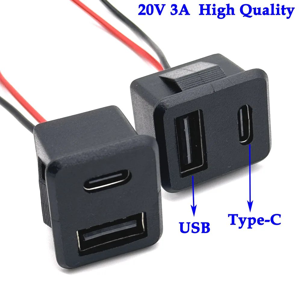 

1/3PCS 20V 3A Double layer USB female base type-c socket a female USB lamp charging socket power socket with cable 3A connector