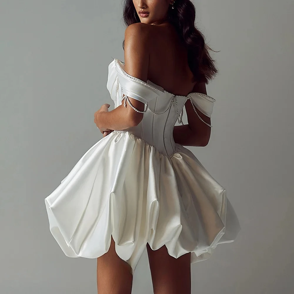 Modern Off Shoulder Satin Short Wedding Dresses for Women Corset Bridal Dress with Puff Bubble Skirt Customized