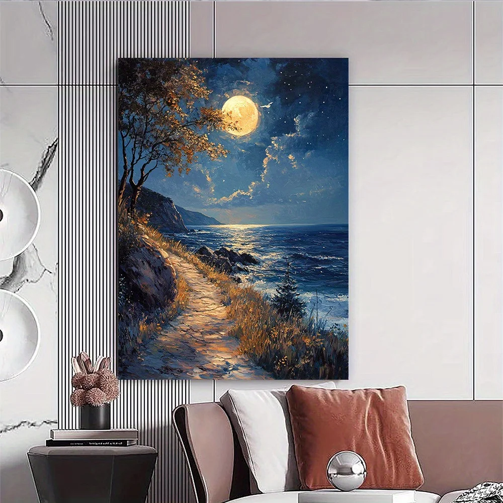 1pc 30.48x40.64 cm Moonlit Path Canvas Art - Serene Night Landscape with Winding Trail, Tranquil Meadow & Starry Sky, Handmad
