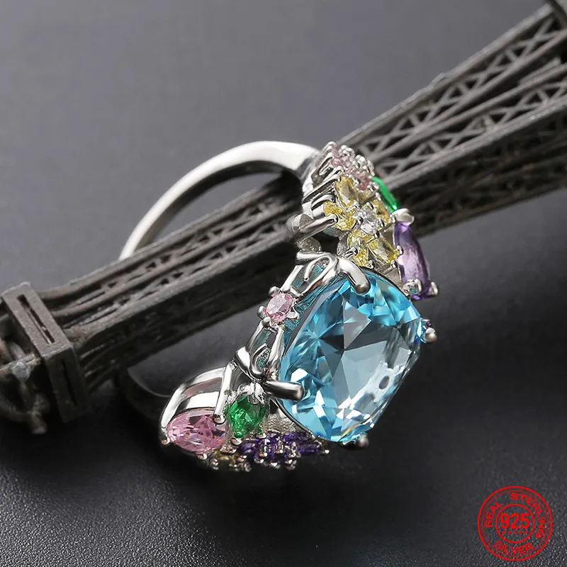 خاتم مربع من الأحجار الكريمة للنساء ، فضي إسترليني ، ملون ، هدية بريق ، مجوهرات الزفاف ، الموضة #4