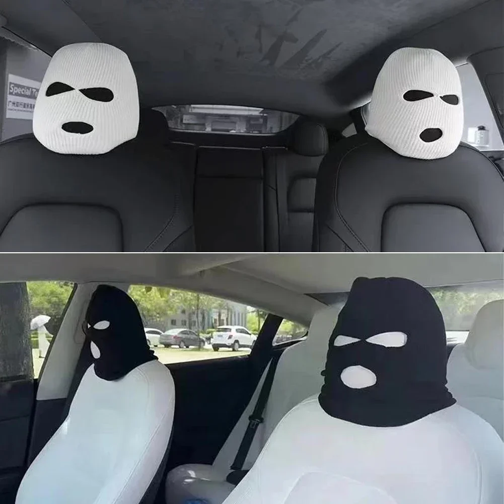 Spoof Car Seat Cover Masked Person Knitted Headgear Halloween Headrest Cover Decoration Car Anti-theft Warning Accessories