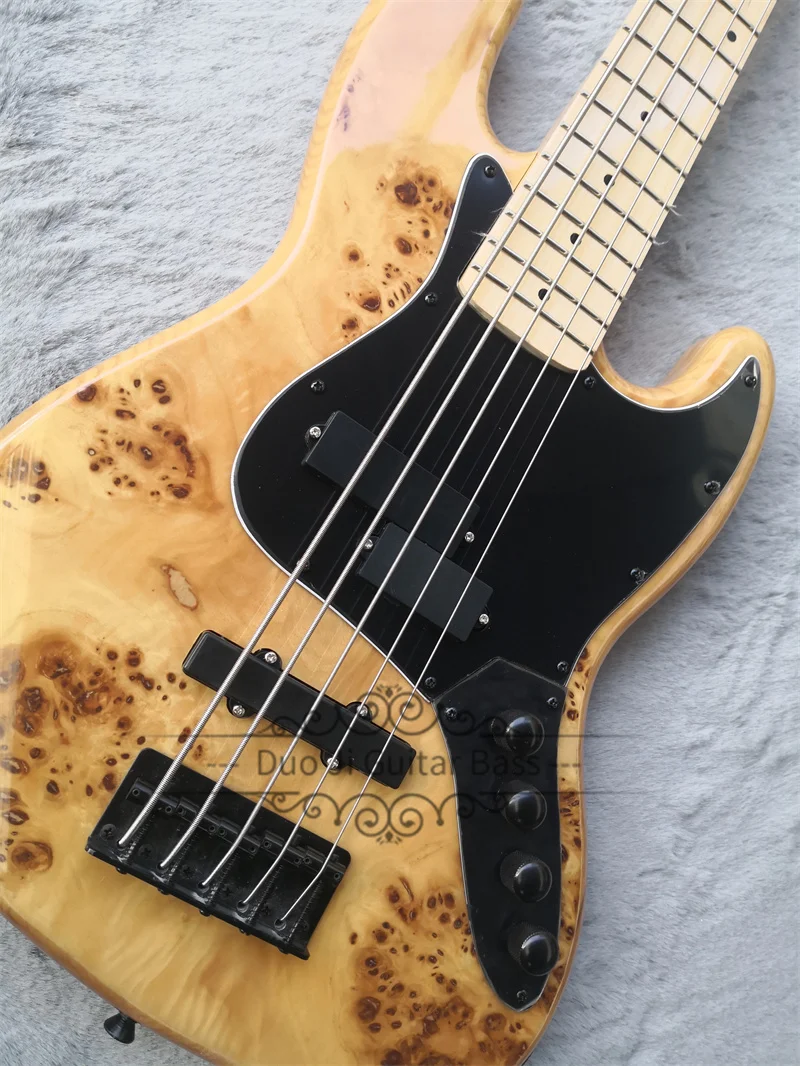 5 Strings Naturl Bass Guitar Burl Maple Top ASH Wood Body  Maple Neck Fixed Bridge Black Pickguard