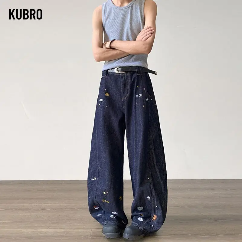 

Мужские повседневные джинсы с широкими штанинами Y2K с мультяшной вышивкой, осенние свободные универсальные джинсы в стиле ретро в американском стиле, повседневные брюки высокого качества