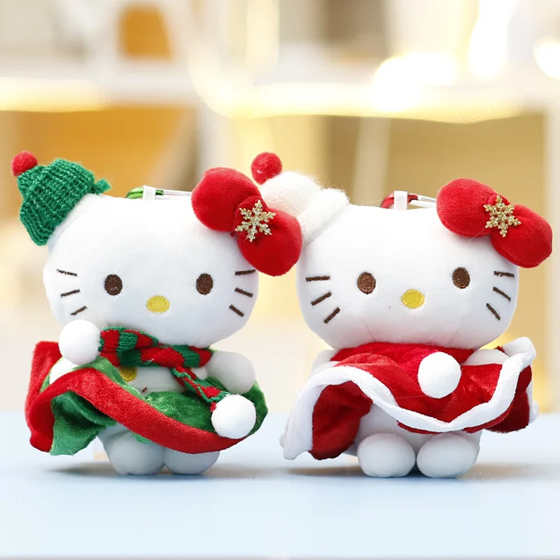 13CM Anime Hello Kitty Christmas Tree Snowman Style Plush Doll Keychain Kawaii School Bag Pendant Accessories Holiday Gift