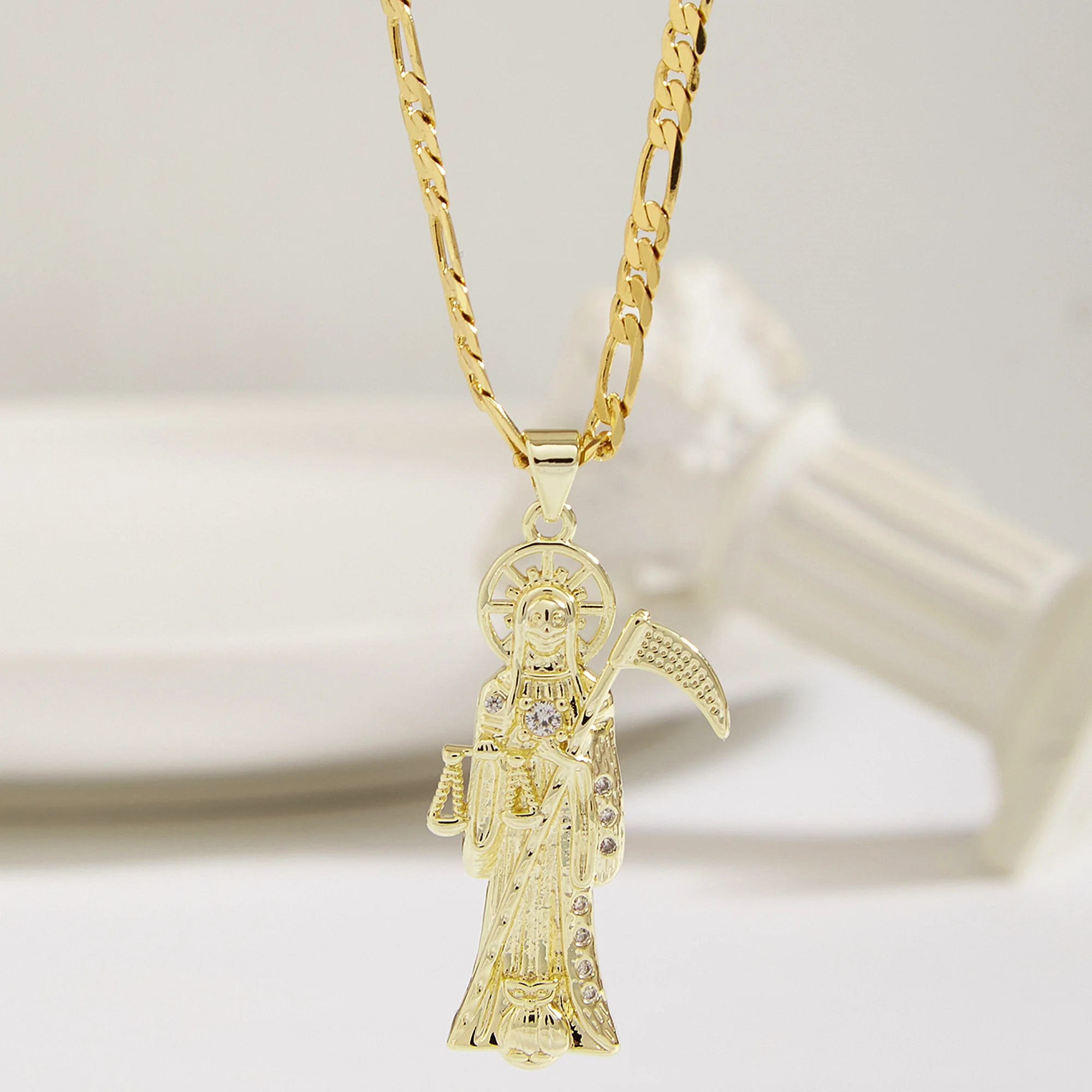 Unisex Death God Necklace 18k Gold-Plated With Zircon Pendant Necklace Death Scythe Saints Charms Christian Jewelry Santa Muerte