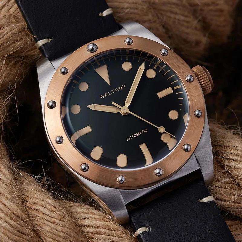 Baltany s4030 klassische retro bronze herren armbanduhr nh38 saphir edelstahl wasserdichtes leder leuchtende reloj hombre uhr