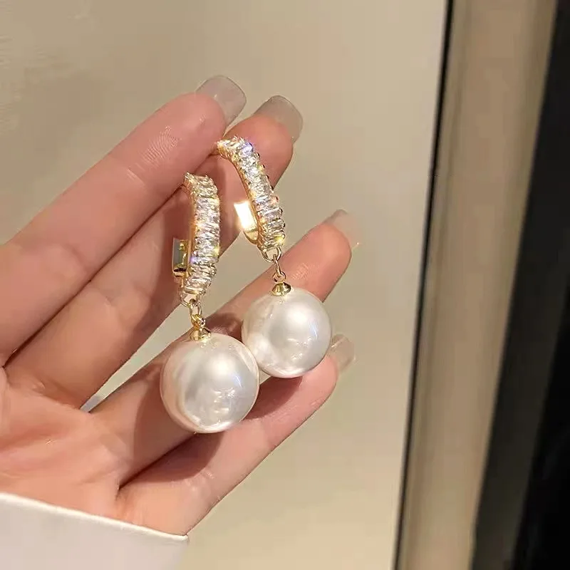 Korea Fashion Large Pearl Crystal Zircon Earrings for Women Valentine Day Gift Birthday Party Wedding Jewelry Pendientes Mujer