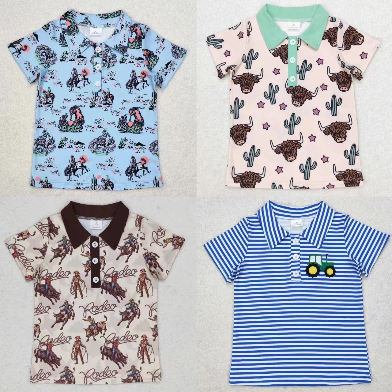 

Wholesale Baby Boy Buttons T-shirt Summer Children Kids Short Sleeves Western Farm Shirt Toddler Cow Horse Truck Tops Clothing