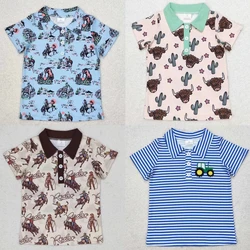 Wholesale Baby Boy Buttons T-shirt Summer Children Kids Short Sleeves Western Farm Shirt Toddler Cow  Horse Truck Tops Clothing