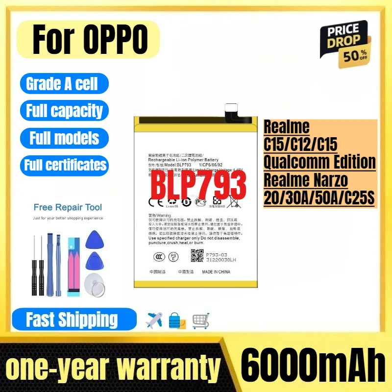 

BLP793 for OPPO Realme C15/C12/C15 Qualcomm Edition/Realme Narzo 20/30A/50A/C25S Phone Battery high quality replacement Bateria