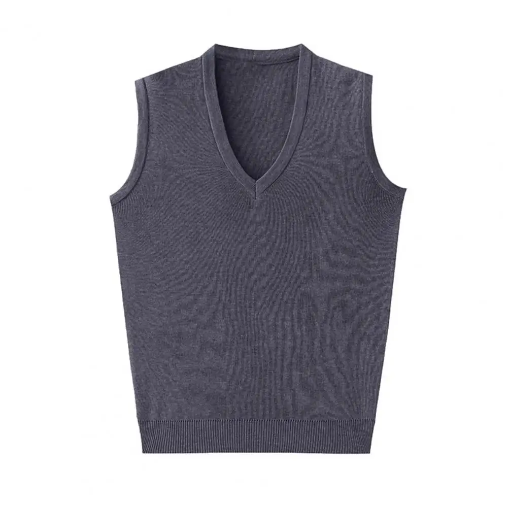 

Sleeveless Sweater Vest Versatile Mid-aged Men's V-neck Knitted Sweater Vest Slim Fit Sleeveless Pullover with Ribbed Cuffs