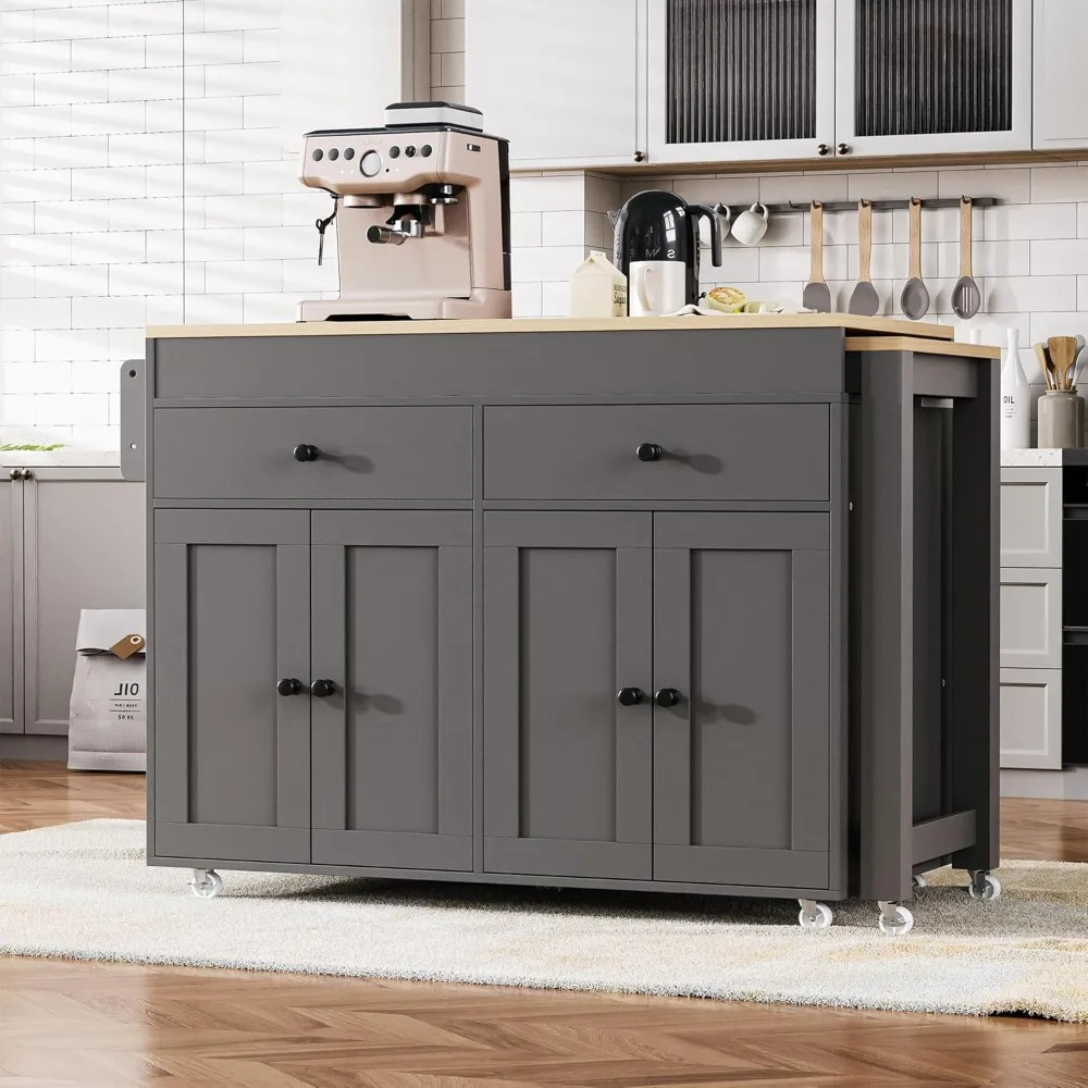 74.5-inch Kitchen Island with Extendable Dining Table, Wheeled Kitchen Storage Cart with Spice Rack and Drawers