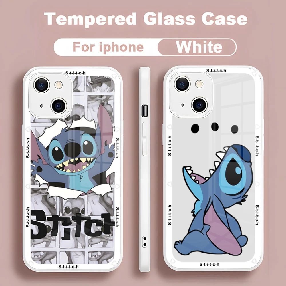 Stitch Cartoon new for Iphone 15 14 13 12 11 Pro Max X XS XR 7 8 Plus SE Metallic Paint Glass Mobile Phone Case