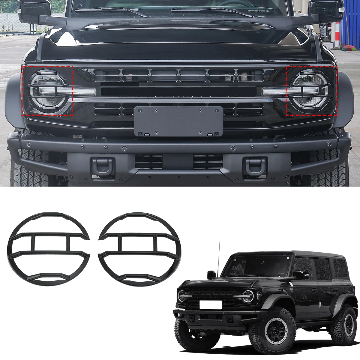 Fukumangoku compatible with Ford Bronco 2021-2024, 2 doors, 4 doors, large lampshade, external decoration, front headlight baffl