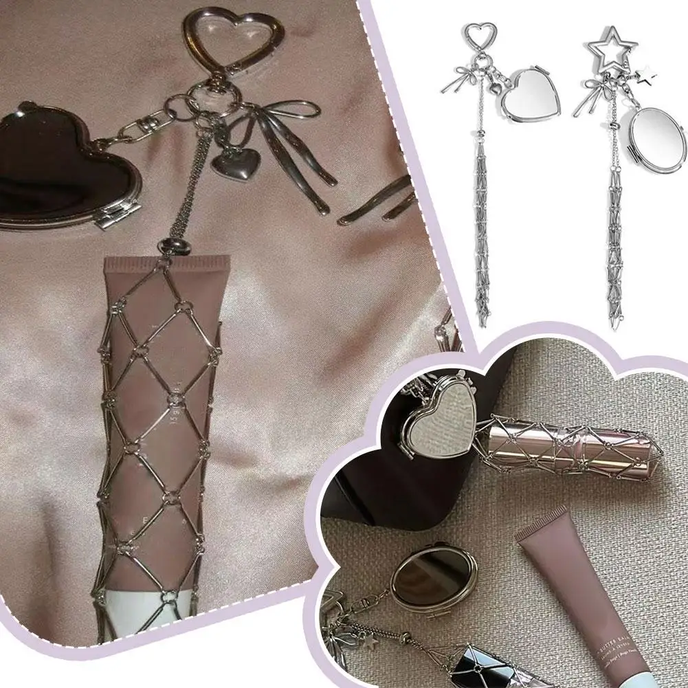

Portable Metal Net Lipstick Bag Silver Mini Mirror Lip Balm Pouch Keychain Universal Lipstick Cover Keyring