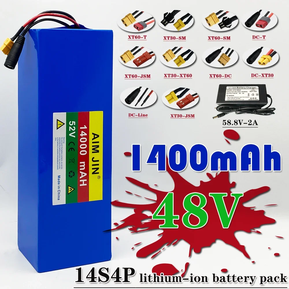 

14S4P 52V 14Ah 18650 rechargeable lithium battery pack 14000mAh suitable for 250-1500W built-in BMS+58.8V 2A charger