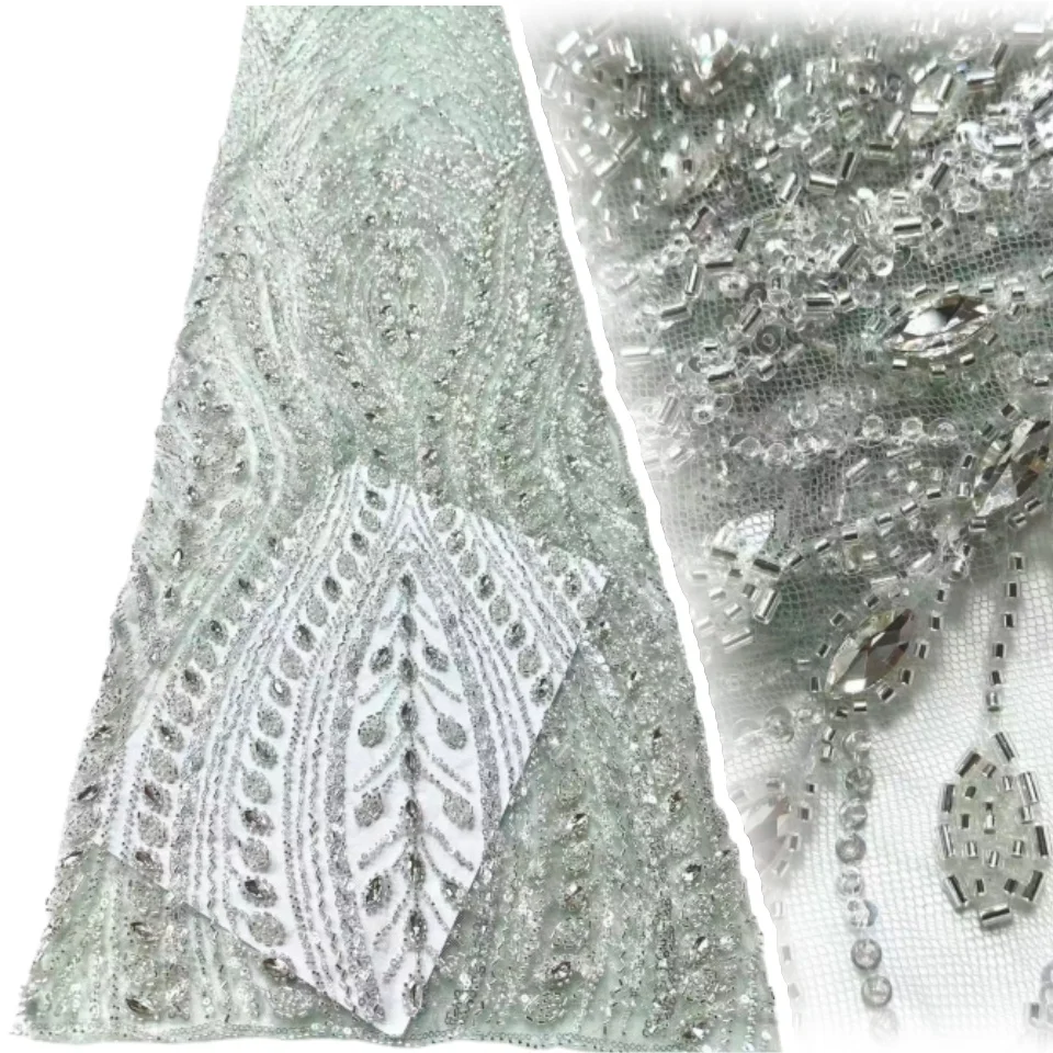 

Latest African Handmade Bead Diamond Lace Fabric Luxurious Nigerian Sequin Navy Crystal Beaded Fabrics Lace Wedding Dress 1957