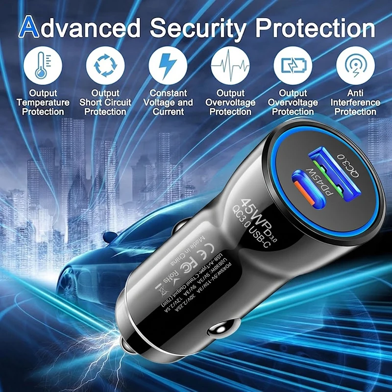 Dual Port 45W USB C Car Charger PD QC3.0 Fast Charging Auto Power Adapter With Blue LED Ring Universal Fits Mobile Phone Tablet view 3