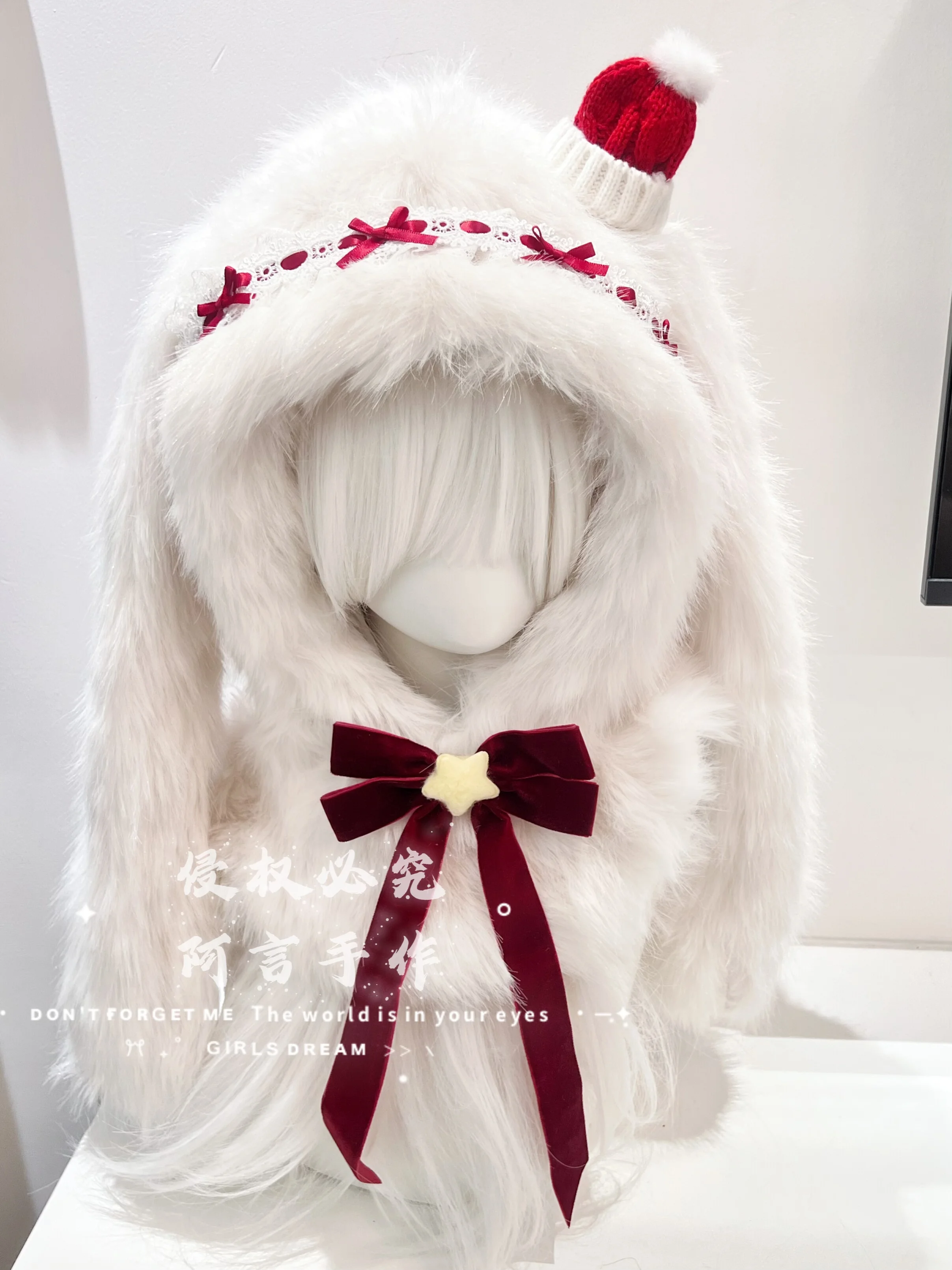 

Exclusive handmade rabbit ear hat plush women's winter thickened hat scarf integrated winter cold Christmas hat