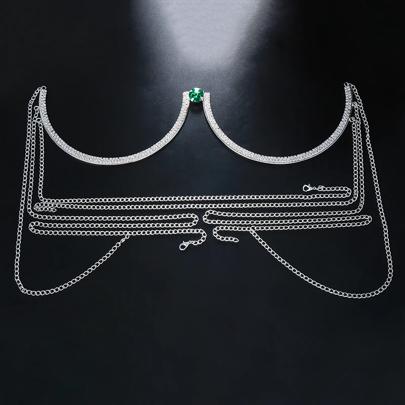 Stonefans Fashion Green Round Chest Bracket Bras Chain Body Jewelry for Women Crystal Bikinis Bra Harness Lingerie Festival Gift