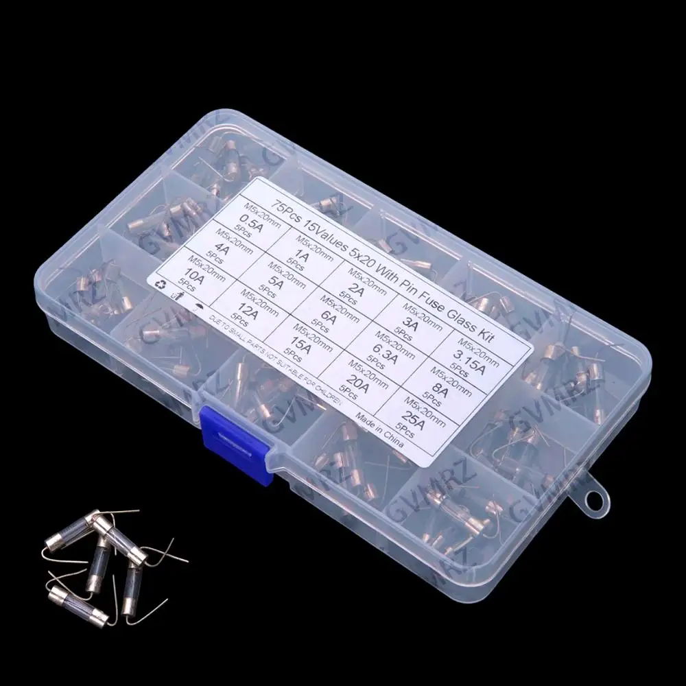 15Values 0.5A-25A 12A 15A 20A 25A 0.5A 1A 2A 3A 3.15A ​​75PCS Glass Fuse 5X20 with PIN 250V 10A  4A 5A 6A 6.3A 8A