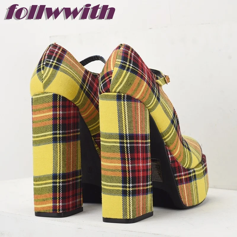 Yellow Plaid Gingham Square Heel Pumps Platform Super High Autumn  Fashion Modern 2024 Hot Sale New Arrival Shoes