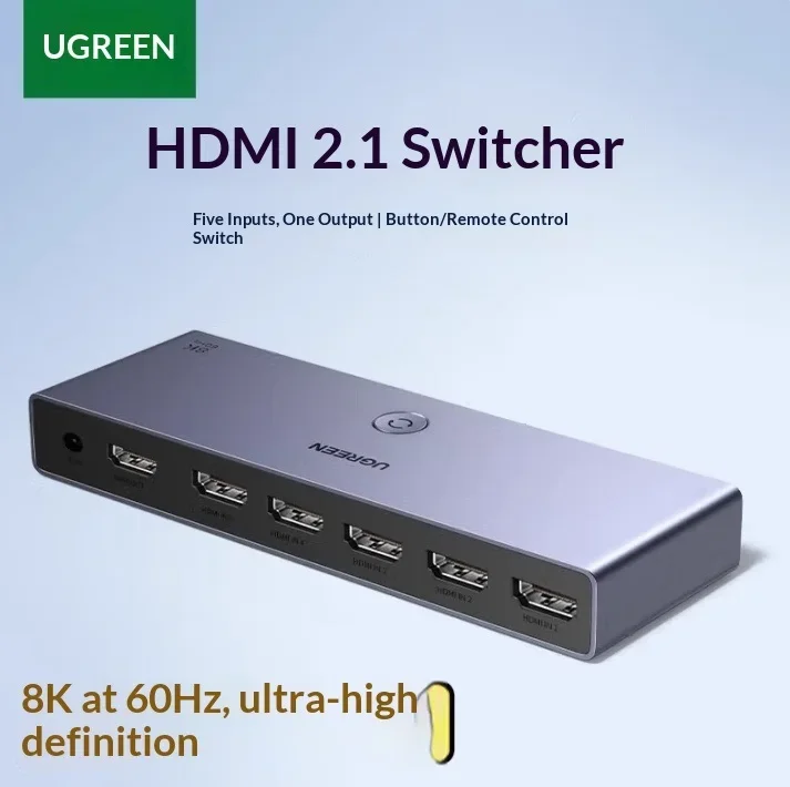 UGREEN 25141 HDMI Switch CM693 HDMI 2.1 5 Inputs 1 Output 8K60Hz 40Gbps Button and Remote Control Aluminum Alloy Housing
