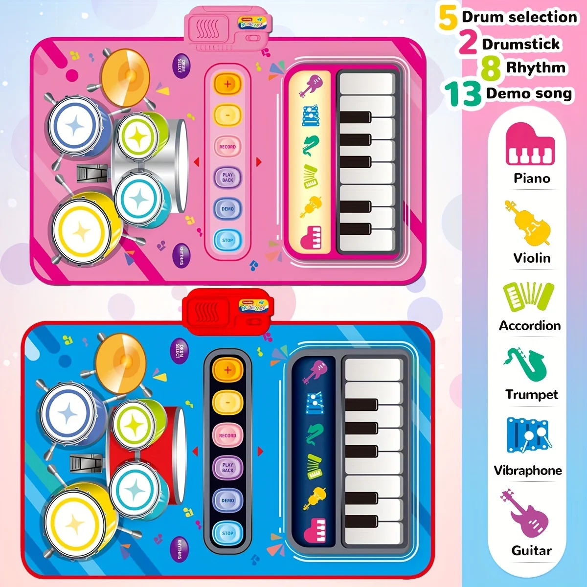 2 In 1 Piano Mat For Kids-Music Sensory Play Piano Keyboard & Jazz Drum Music Touch Play Carpet  For Instrument Education Gift