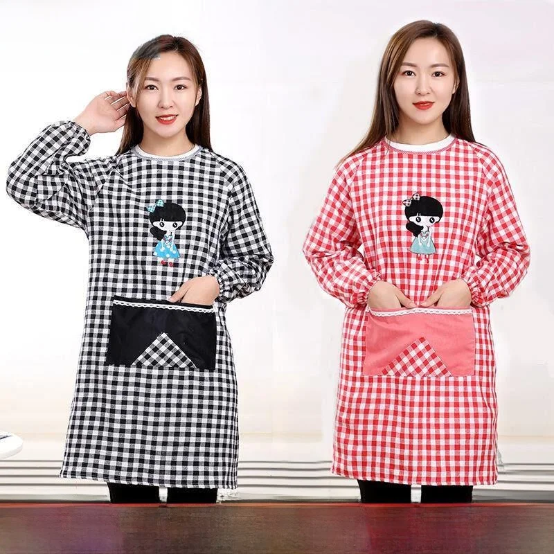 

Young Style Long Sleeve Apron Kitchen Workwear Oil Resistant Cotton Cover up Inverted Wear for Housework And Cleaning