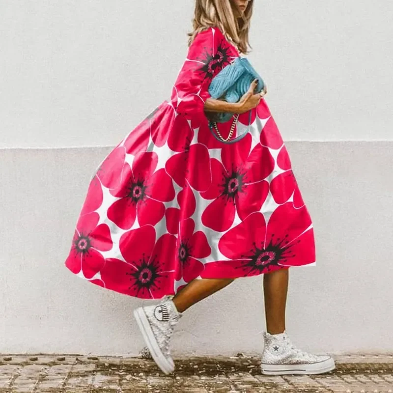 Fashion Floral Print Boho Oversize Loose A-line Dress For Women Summer Casual Three Quarter Sleeves Holiday Midi Dresses Female