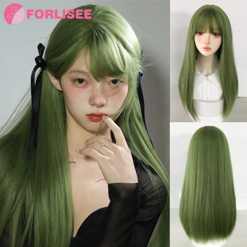 FORLISEE-Peluca de Cosplay con flequillo para mujer, pelo liso sintético de 20 pulgadas de largo, resistente al calor, color verde fruta