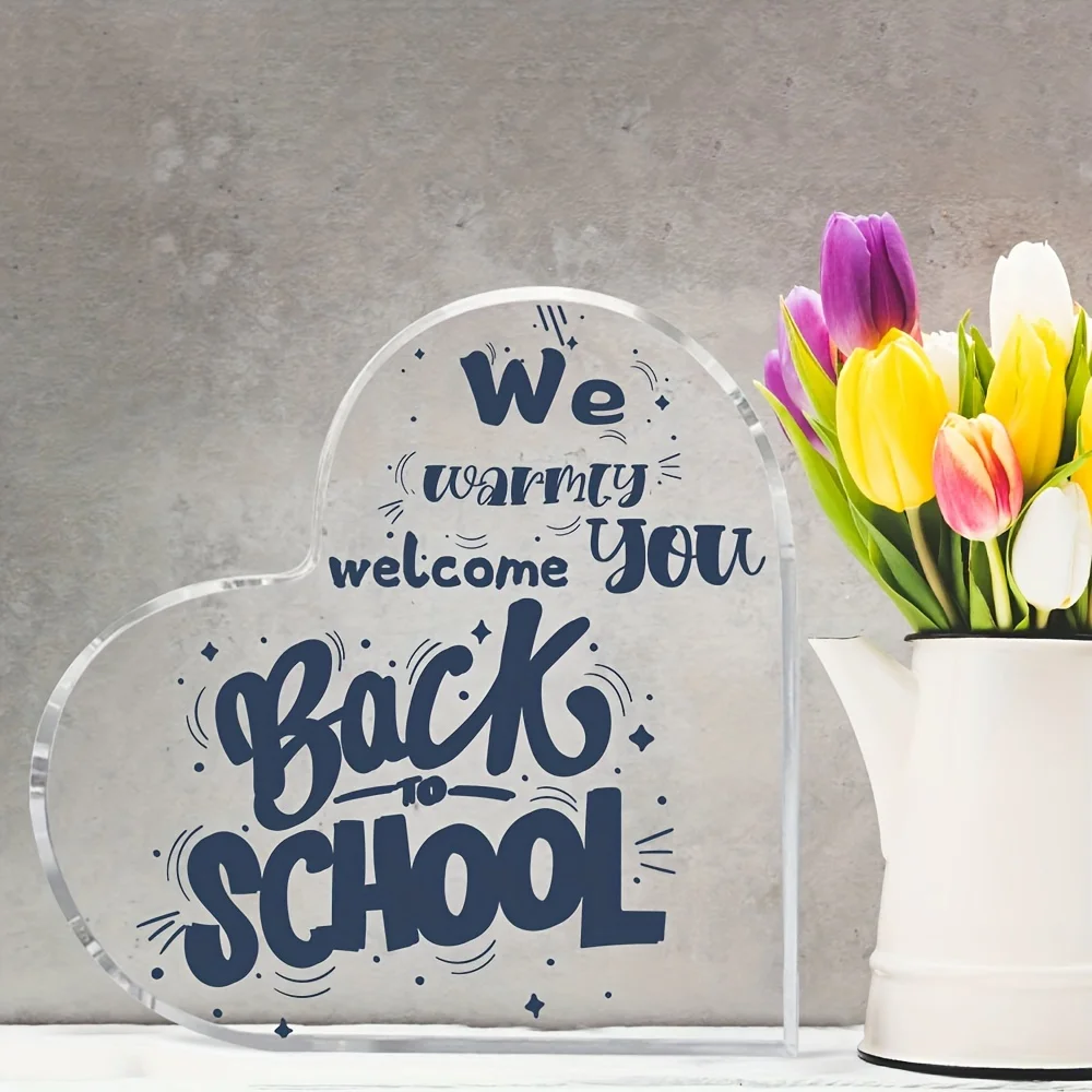 Acrylic Heart Welcome Back Sign - Feather Design Classroom Decor for Teacher Student Gift
