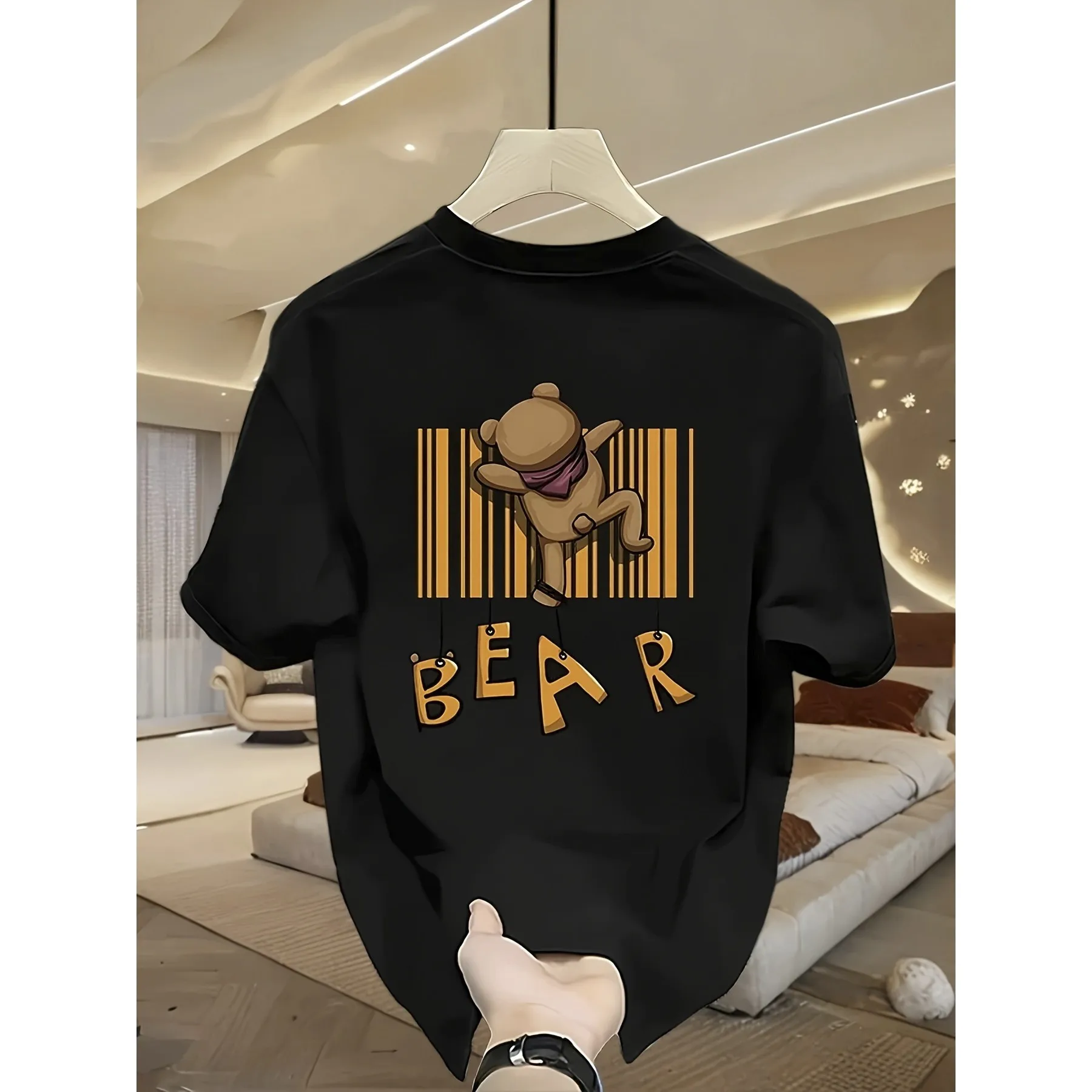 

Barcode Bear Graphic T-Shirt Funny Cartoon Print Cotton Short Sleeve Tee Daily Wear Unisex