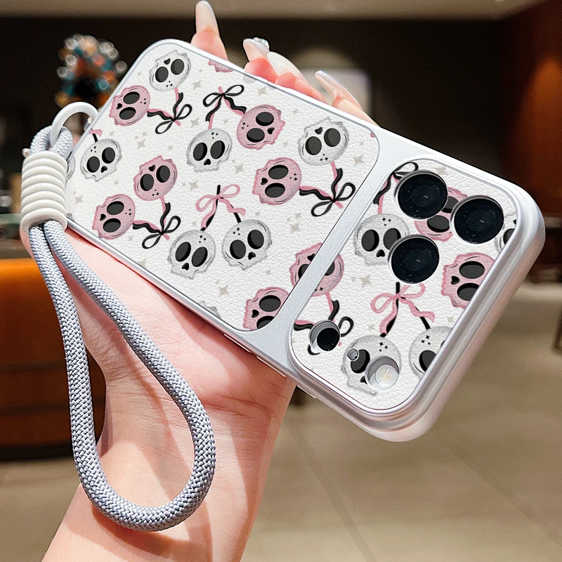 Leather Texture Phone Case For iPhone 17 Pro 16 15 14 13 Pro Max Skeleton Skull Pattern Wrist Strap Lanyard Soft TPU Matte Cover