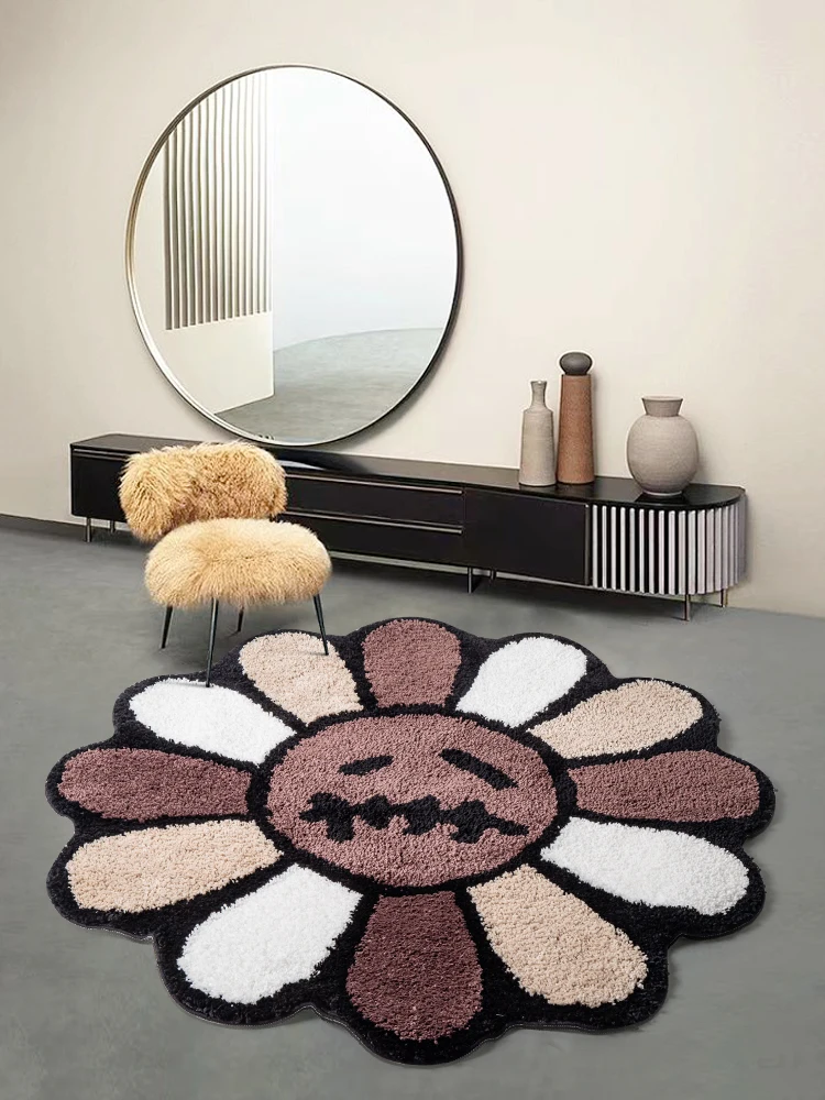 Tufted Rug Smiling Face Vintage Flower Art Rug for Living Room Bedroom Retro Rainbow Fluffy Bathroom Rug Nonslip Mat Home Decor