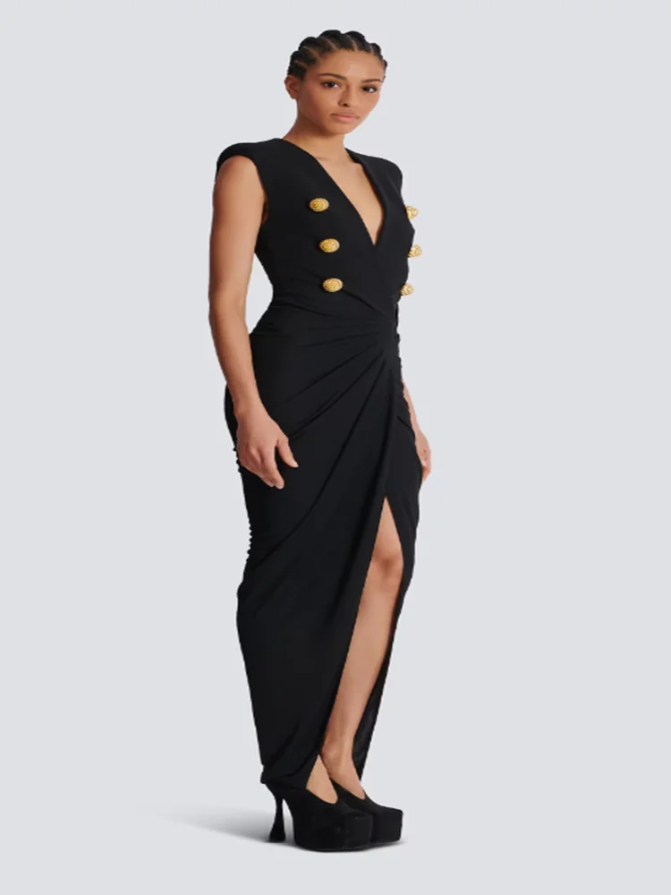 فستان نسائي أسود بدون أكمام وياقة على شكل V عميقة بتصميم أزرار فستان طويل قابل للطي فساتين ضيقة مثيرة وأنيقة للحفلات المسائية