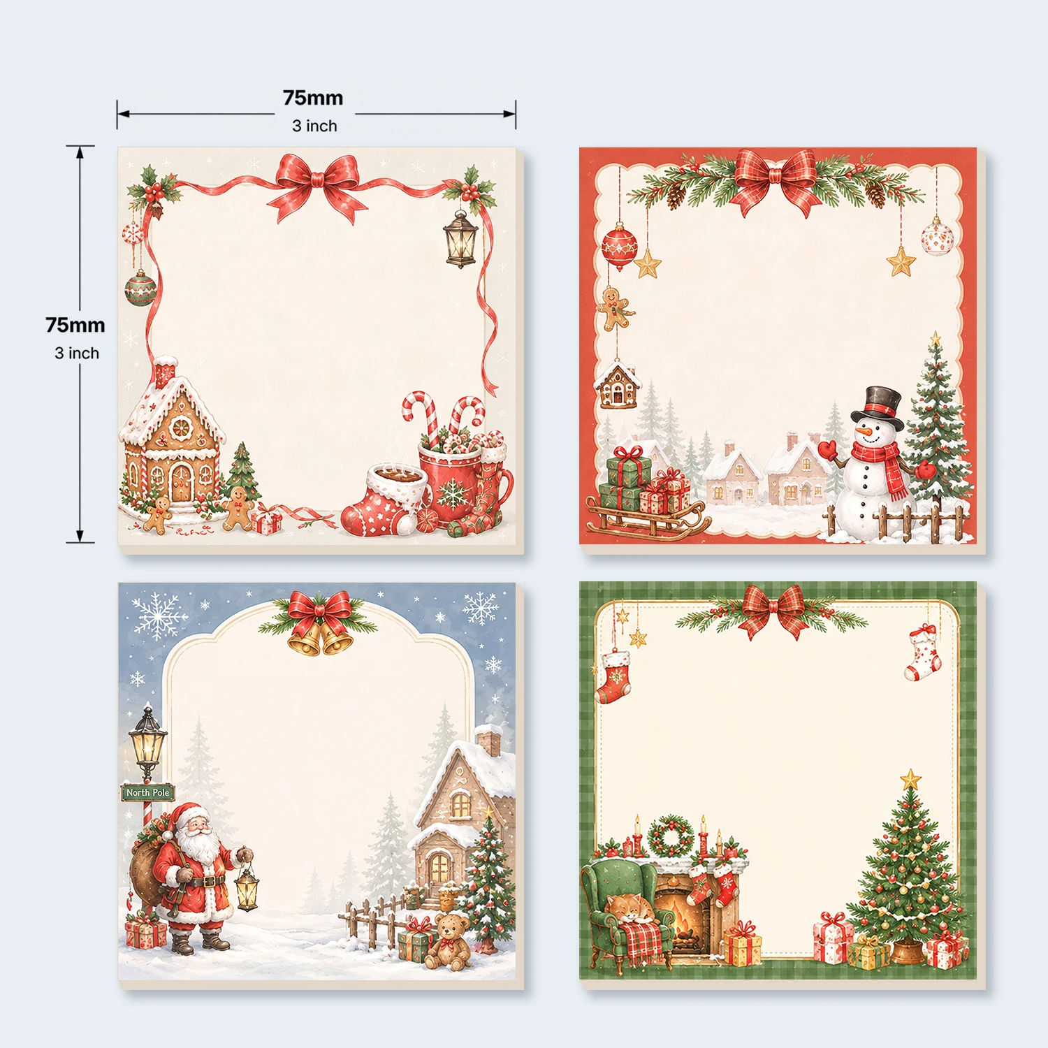 4PCS Christmas Self Adhesive Sticky Notes 200 Sheets Santa Snowman Gingerbread House Christmas Tree Holiday Memo Pads Office Sch