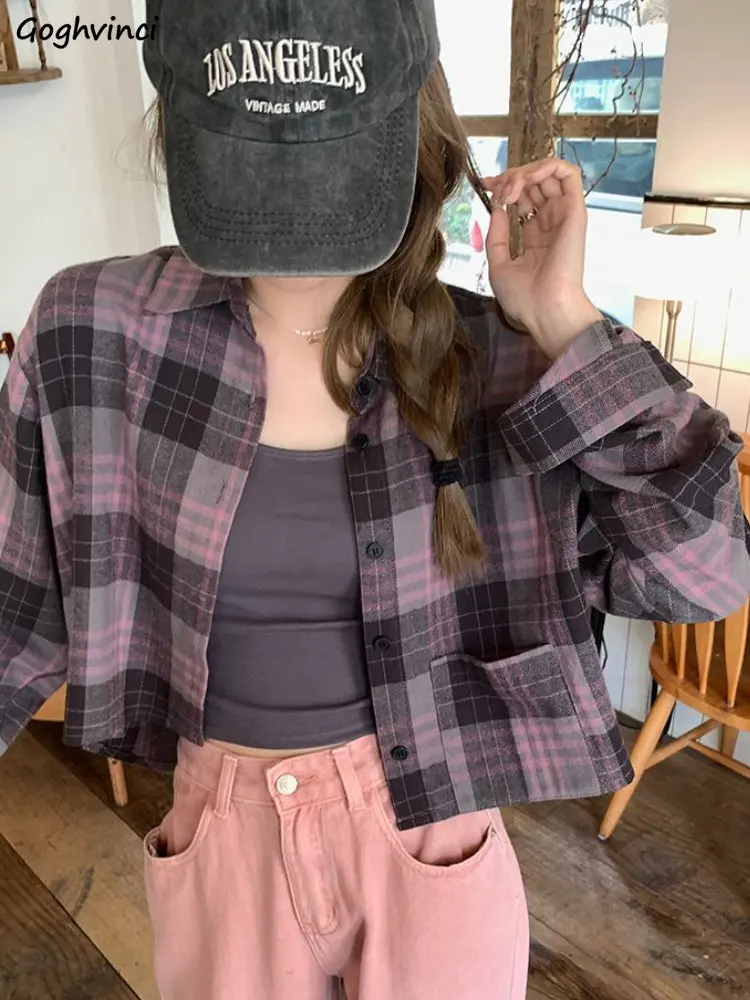 Plaid Shirts Women Slit Casual Students Korean Style Loose Chic Spring Simple All-match Temperament Crop Tops Long Sleeve Ins