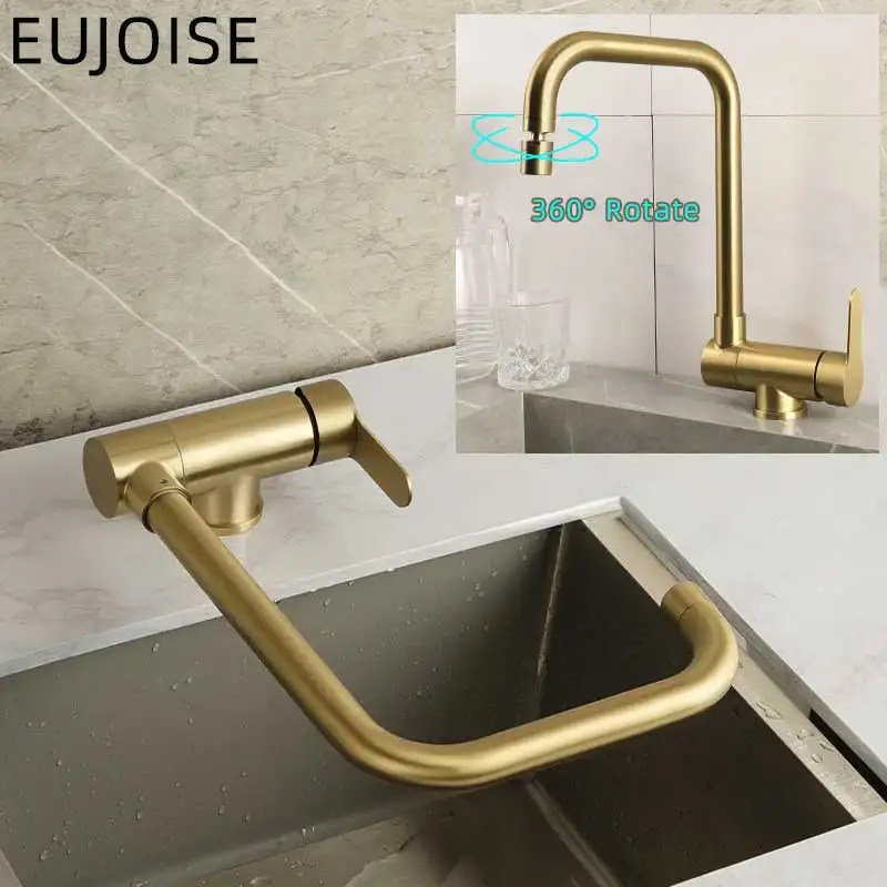 

Brushed Gold Inner Window Free Folding Kitchen Faucet 360 Degree Rotate Foldable Tap