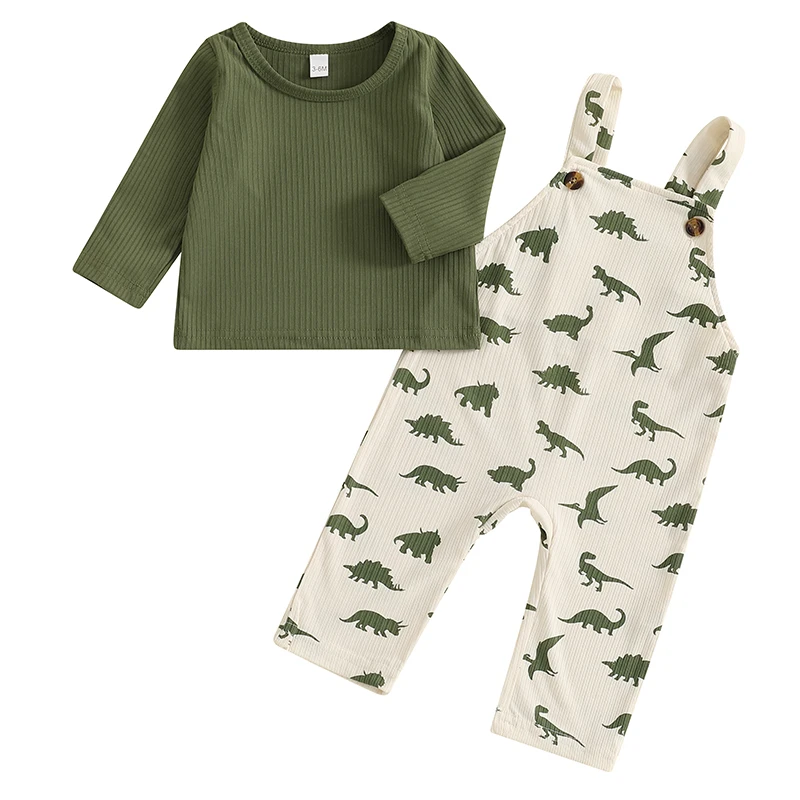 

Baby 2Pcs Fall Outfits Long Sleeve Ribbed Tops + Dinosaur Print Overalls Set Infant Clothes