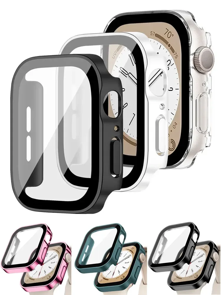 Gehäuse Glas für Apple Watch 8 7 9 45mm 41mm 44mm 40mm wasserdichter Displays chutz gerader Rand Stoßstange iwatch Serie 5 se 6 Abdeckung
